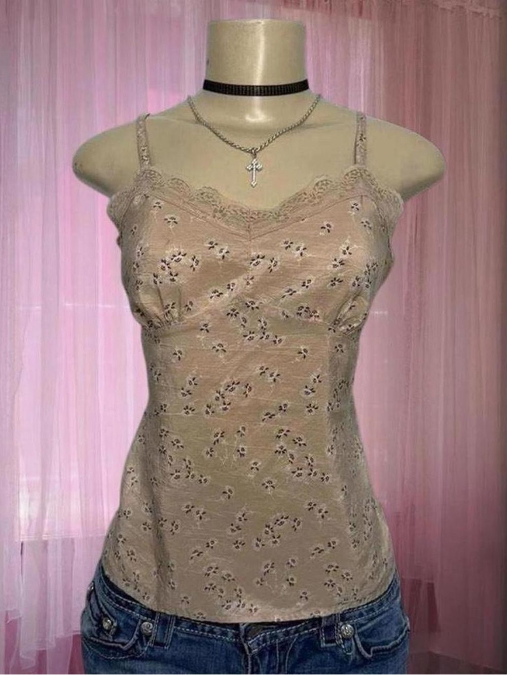 Y2K vintage silk American Eagle tan floral babydoll lace cami top🌸